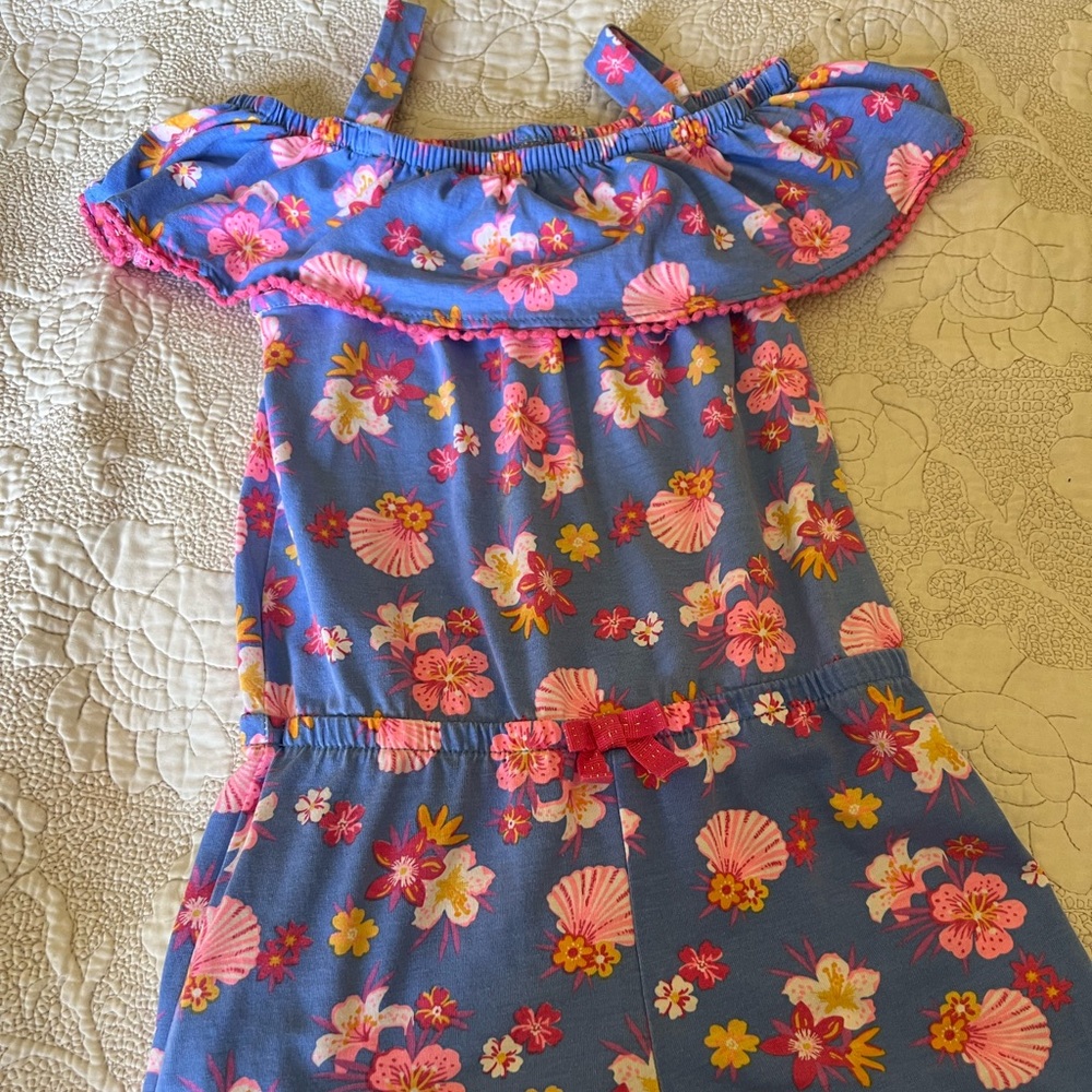 Tommy Bahama Girl’s M 7/8 Floral Tropical Romper Off Shoulder Ruffle